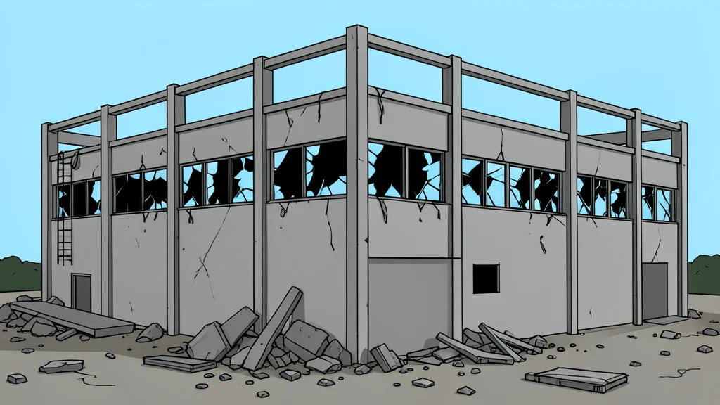 A damaged industrial warehouse structure with shattered windows and debris scattered on the ground