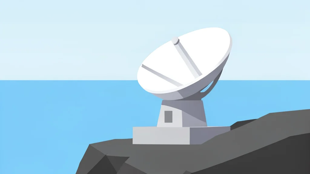 A radar dish mounted on a concrete base overlooking a calm sea horizon
