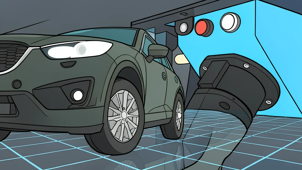 A sleek electric vehicle connected to a charging station against a futuristic city skyline at dusk.
