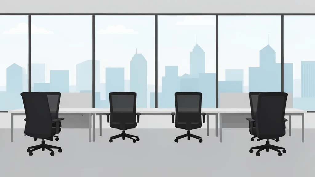 A row of empty office chairs in a modern open-plan workspace with large windows overlooking a city skyline.