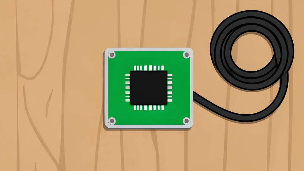 A small green circuit board with a black chip rests on a wooden desk next to a coiled black cable.