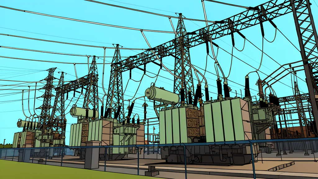 A high-voltage electrical transmission tower standing in a field