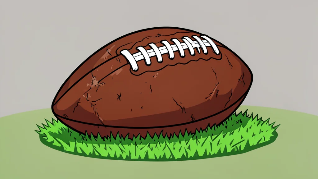 A worn leather football resting on green artificial turf