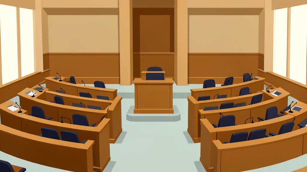 A wide view of a large parliamentary chamber featuring rows of wooden desks and a central podium