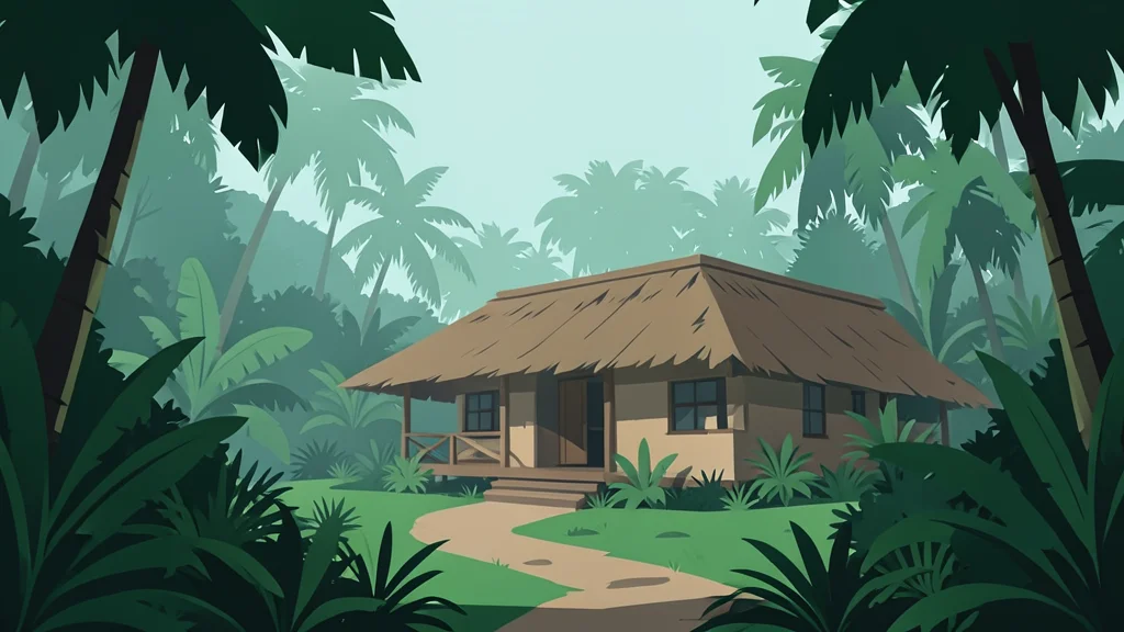 A remote jungle outpost surrounded by dense tropical foliage and mist