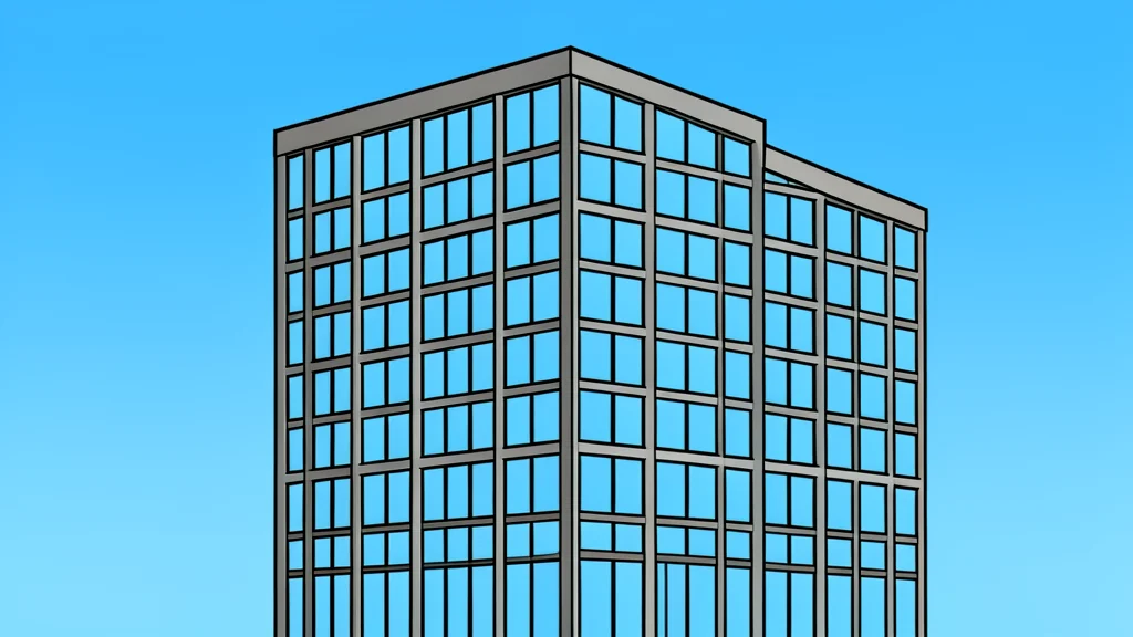 A modern glass office building with a grid-like facade