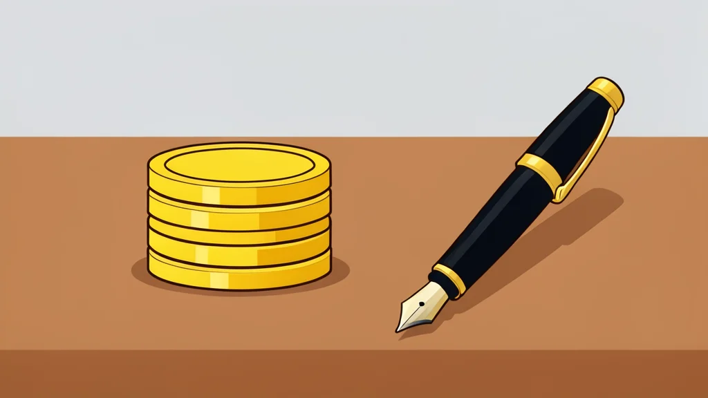 A stack of gold coins resting on a wooden desk next to a fountain pen