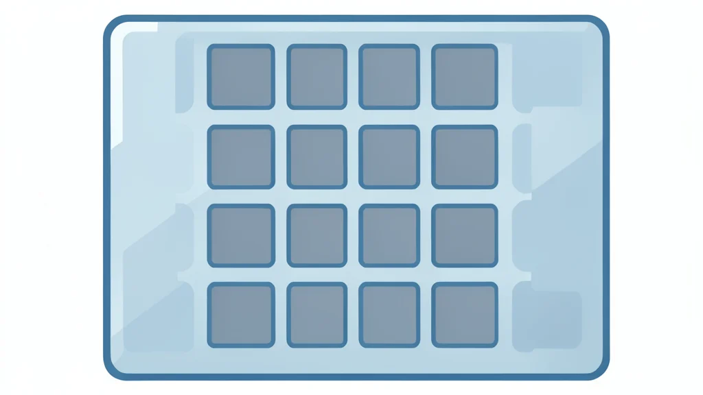 A close-up view of a silicon wafer with a grid of square chips, resting on a clean, reflective surface.