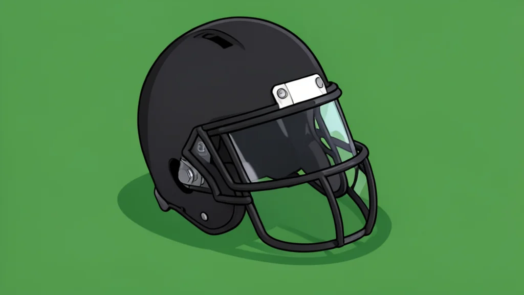 A solitary football helmet resting on a textured green turf field under dramatic lighting.