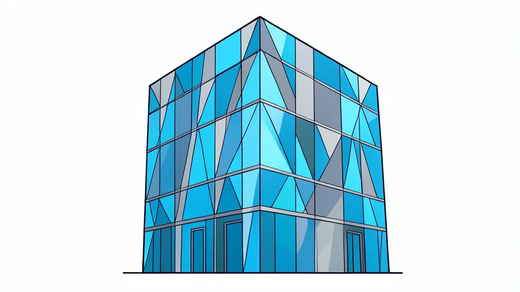 A modern glass office building with a geometric facade