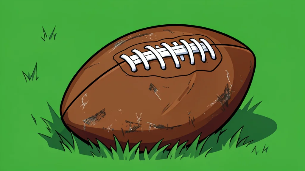 A stylized green football field with crisp white yard lines stretching toward distant goalposts under a clear sky.