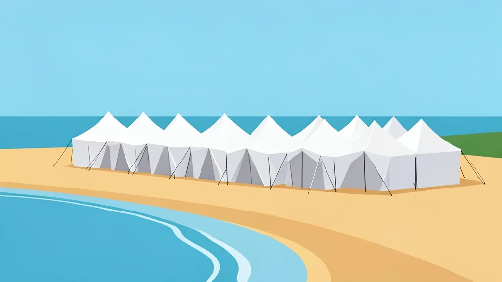 A row of white canvas tents set up on a sandy beach near the water's edge
