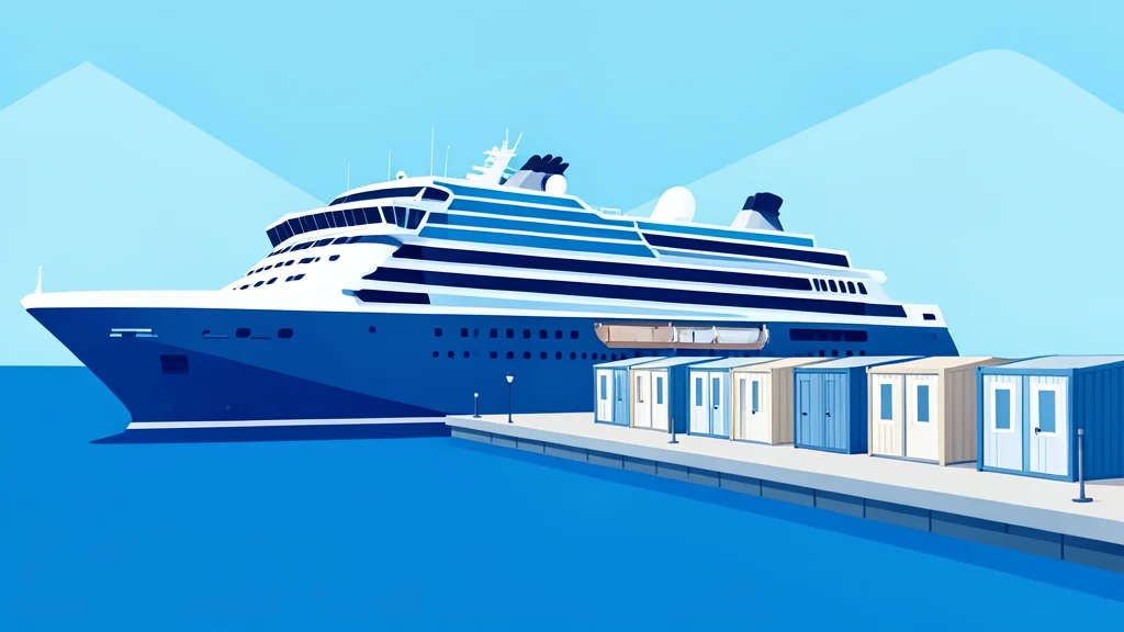 A modern cruise ship docked at a harbor pier next to temporary container-style accommodation units