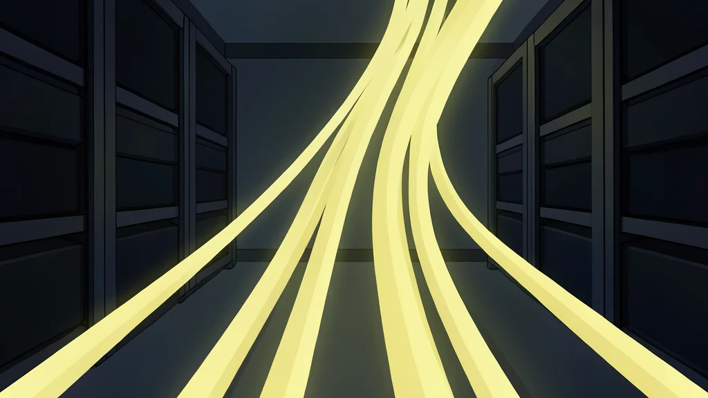 A bundle of glowing fiber optic cables running through a dark server room