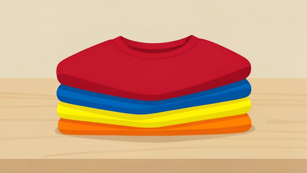 A folded stack of colorful cotton t-shirts on a wooden table