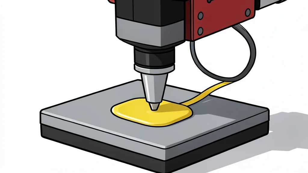 A stylized 3D printer nozzle extruding a layer of plastic filament onto a build plate