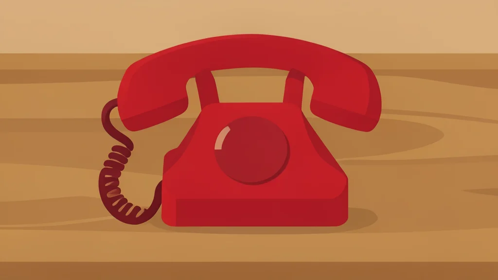 A red telephone receiver resting on a wooden desk