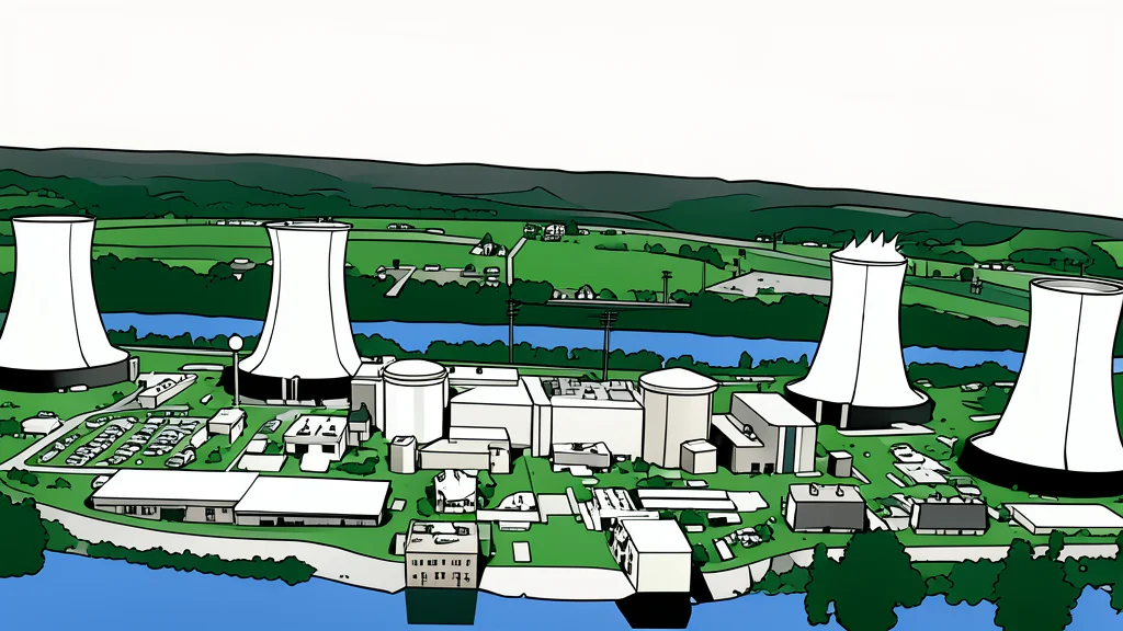 A large industrial cooling tower structure standing next to a wide river