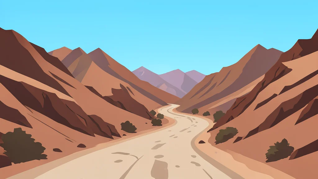 A dusty, unpaved road winding through a rugged, arid mountain landscape under a clear sky