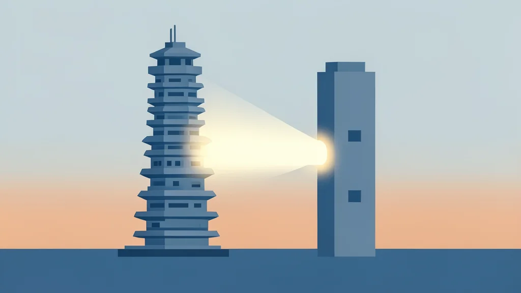 Two distinct geometric structures standing side by side, one complex and one simple, connected by a faint bridge of light.