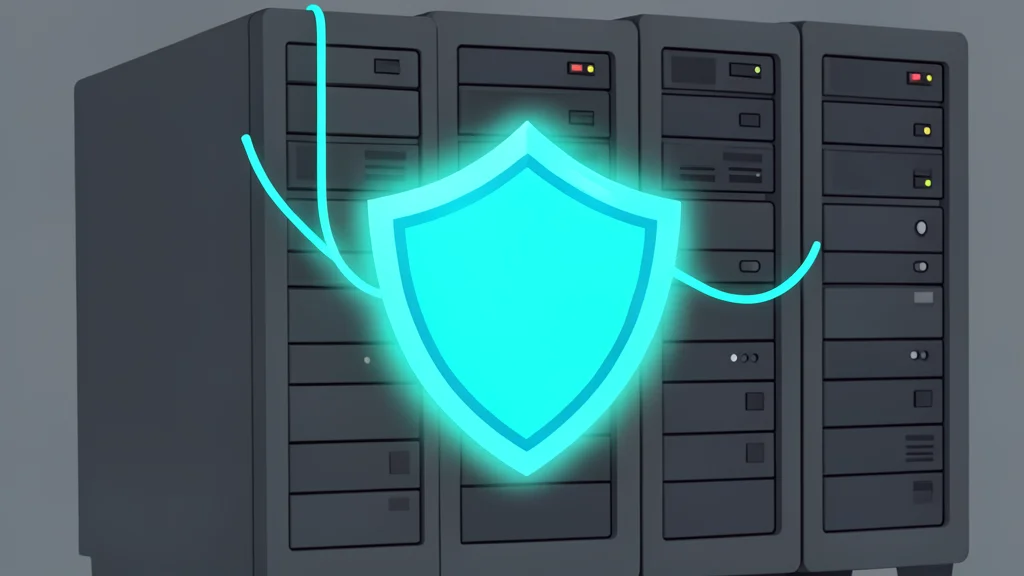 A glowing digital shield protecting a server rack