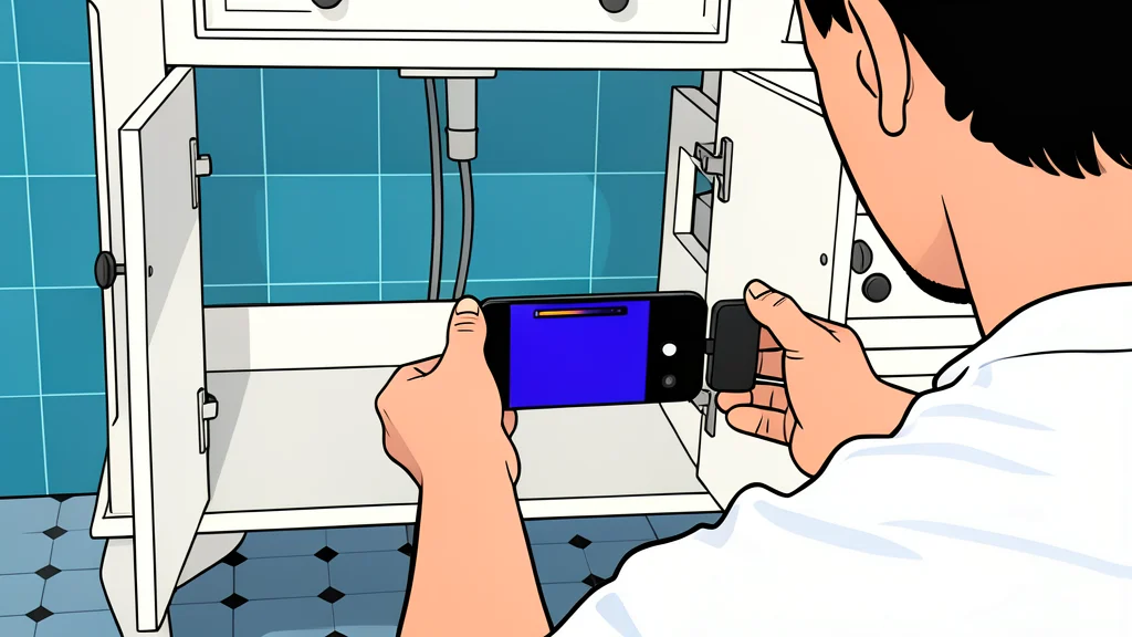 A small black rectangular electronic accessory with a lens connected to a smartphone via a cable