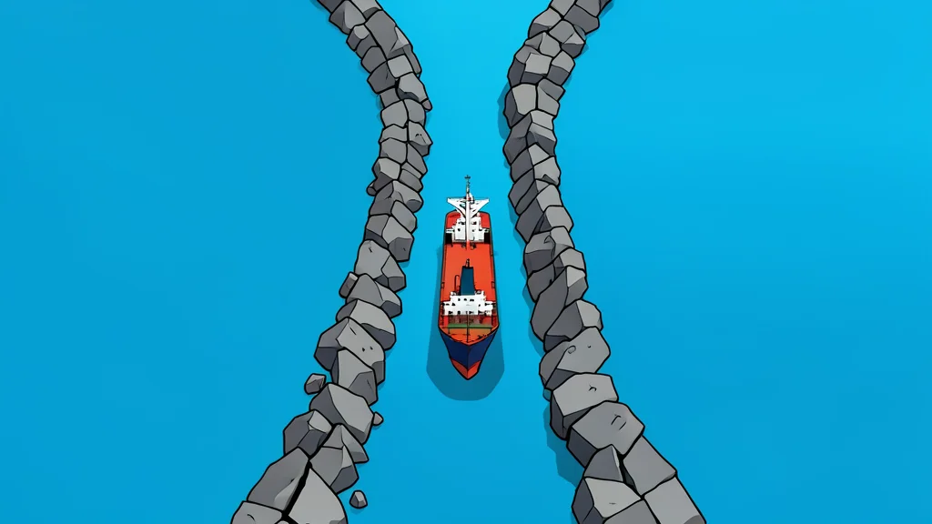 A narrow, rocky strait connecting two large bodies of water with a single oil tanker navigating through the channel