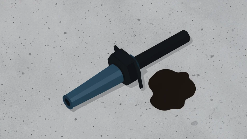 A fuel pump nozzle resting on a concrete surface next to a puddle of spilled liquid