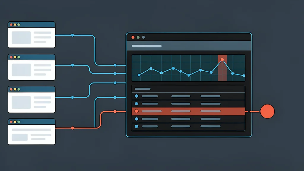 A tangled web of glowing digital threads connecting a central server node to scattered abstract browser windows.