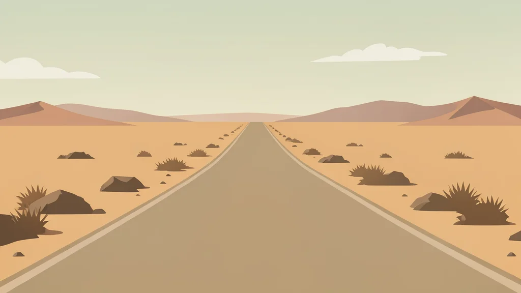 A dusty, unpaved road stretching through a dry, arid landscape under a hazy sky