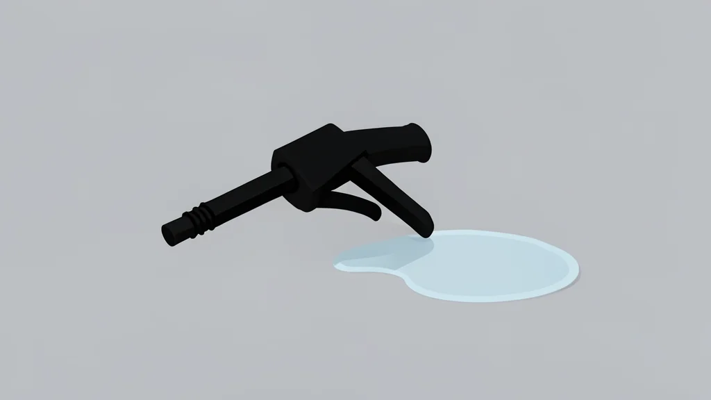 A fuel pump nozzle resting on a concrete surface next to a puddle of spilled liquid