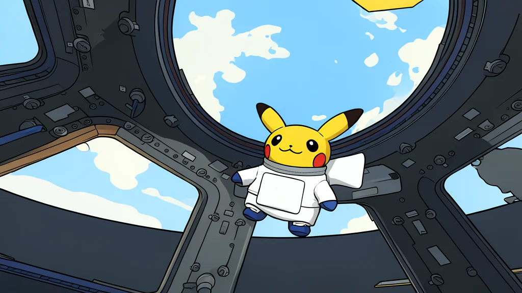 A small yellow plush toy floating weightlessly inside a white cylindrical module with handrails and equipment panels