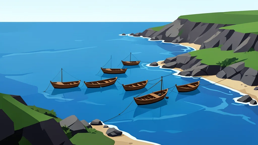 A rugged coastline meeting the sea with small wooden boats anchored near the shore