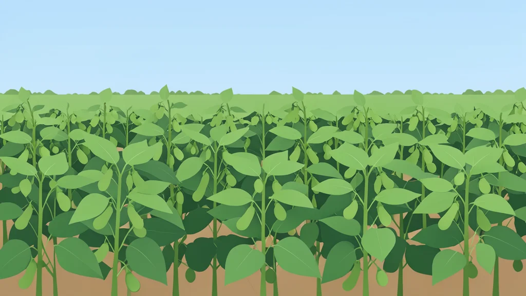 A dense field of green soybean plants with visible round pods under a clear sky