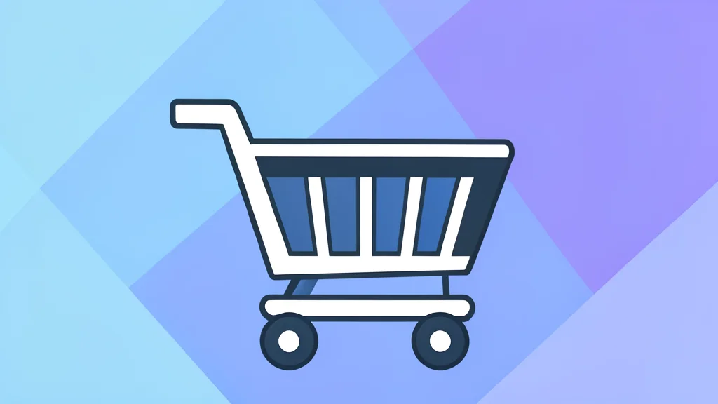 A stylized vector illustration of a digital storefront with a prominent shopping cart icon in the foreground.