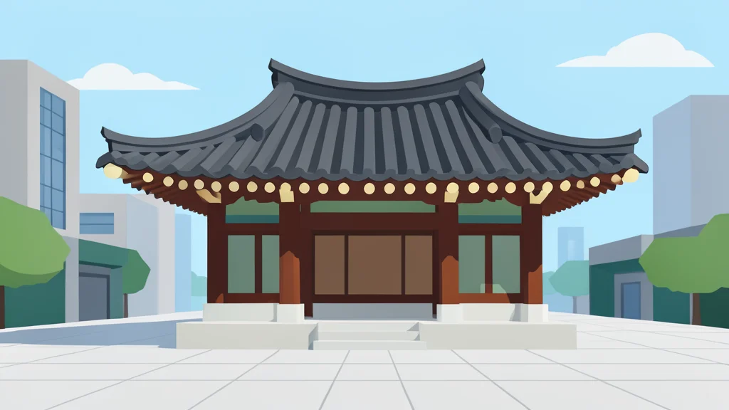A traditional Korean pavilion structure with curved tiled roofs situated in a modern urban plaza