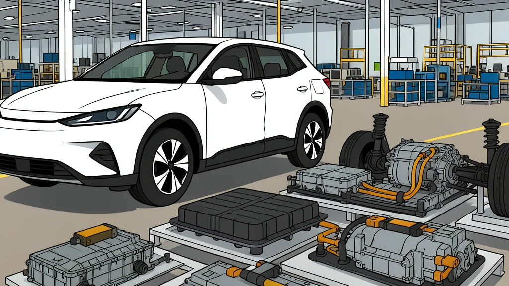 A stylized factory interior with robotic arms moving around vehicle frames