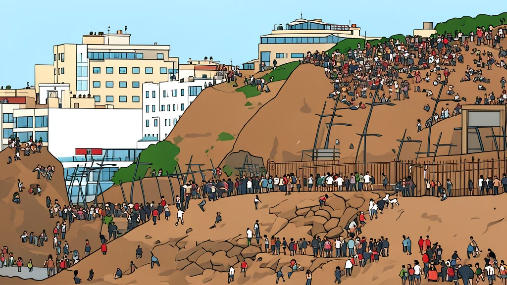 A sandy beach meeting a calm sea, with a fortified city wall and a modern temporary shelter structure in the distance.