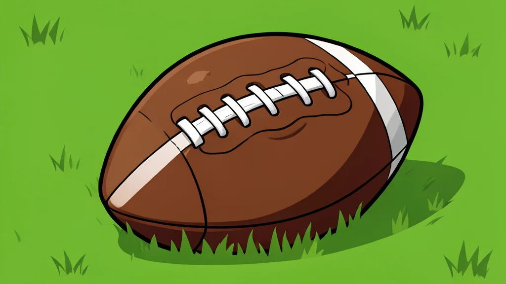 A brown football resting on vibrant green grass