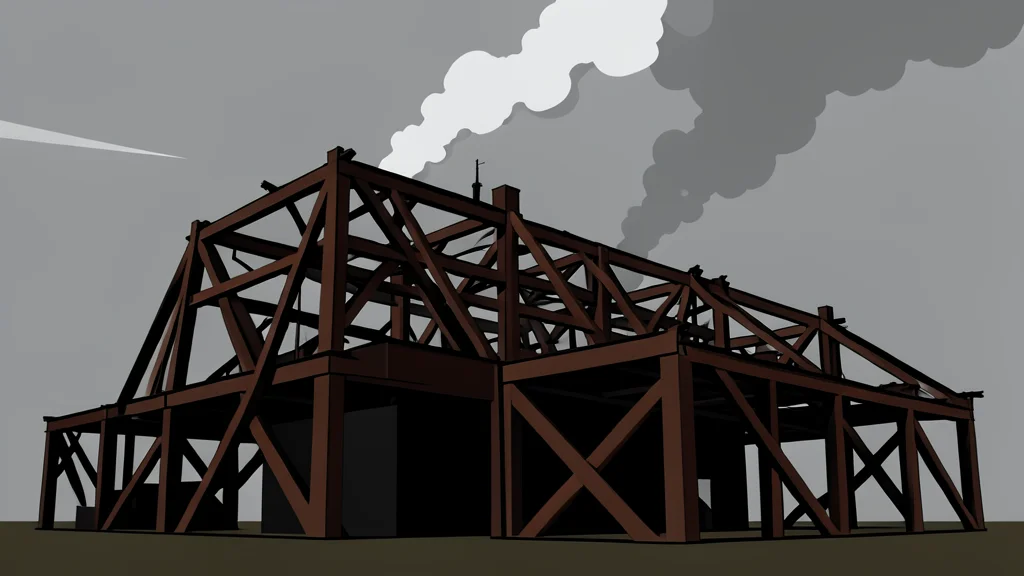 A charred industrial warehouse structure with twisted metal beams and smoke rising into a grey sky