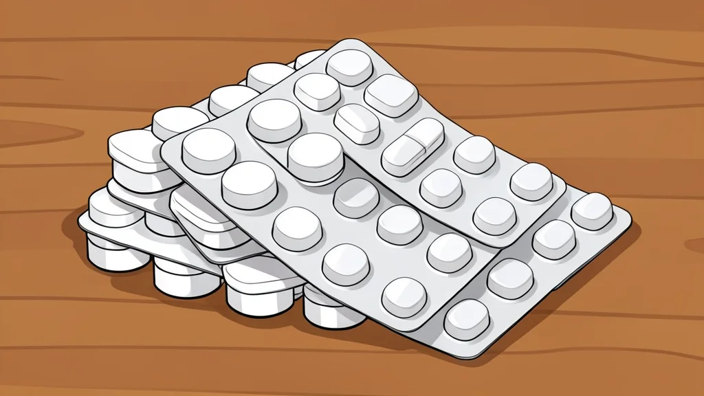 A stack of white pill bottles and blister packs of medication on a wooden table