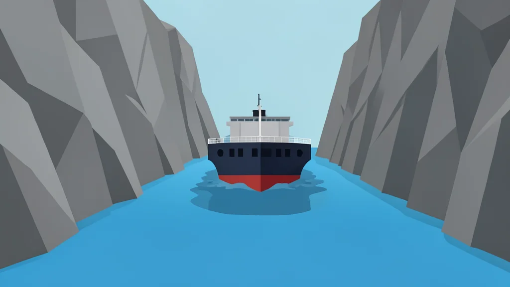 A large tanker ship navigating a narrow waterway between rocky cliffs.