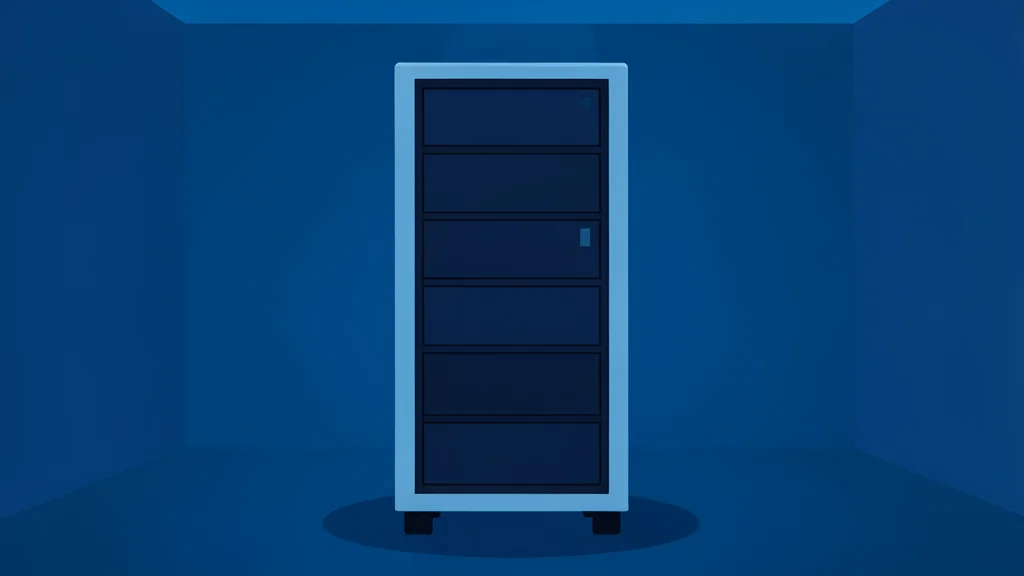 A sleek, modern server rack standing in a dimly lit room with blue ambient lighting