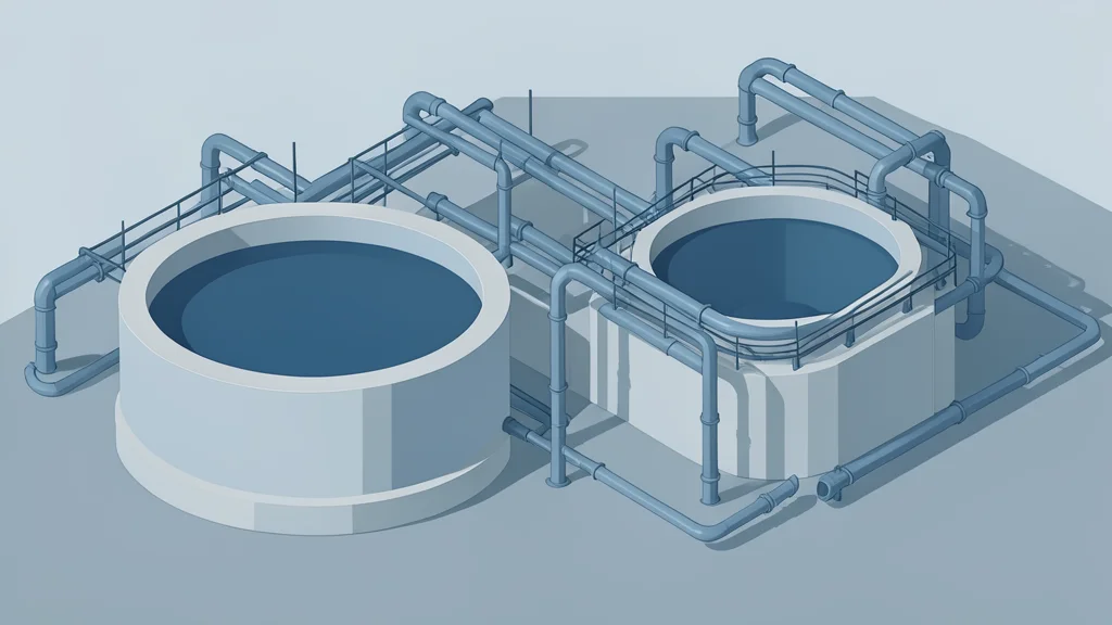 A large industrial water treatment facility with circular concrete basins and metal piping infrastructure