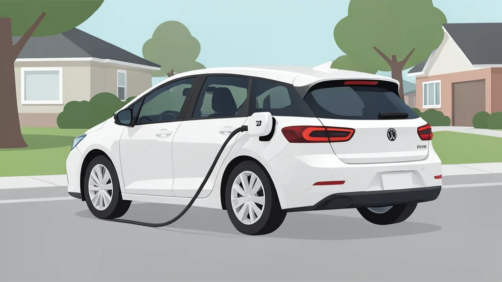 A modern electric vehicle parked on a quiet suburban street with a charging cable connected to a wall-mounted unit