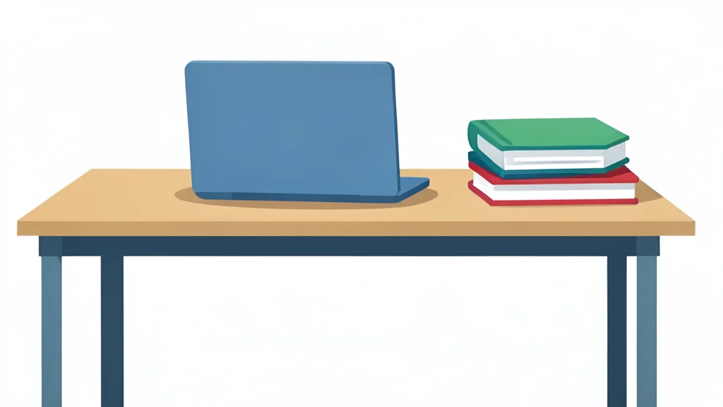 A modern office desk featuring a laptop and a neat stack of books