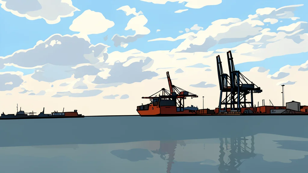 A large container ship navigating through a narrow, rocky strait with a lighthouse on the shore