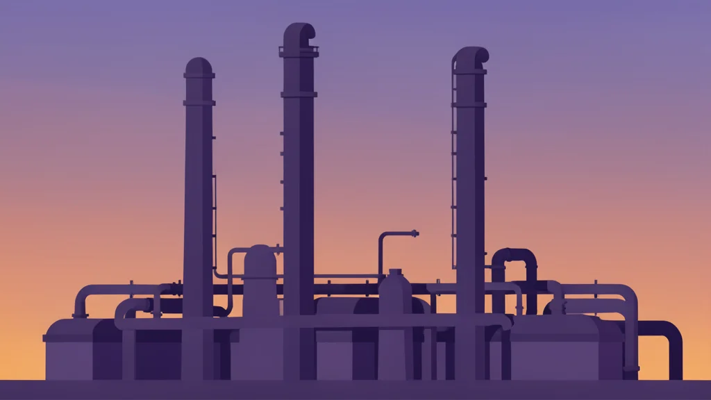 A large industrial oil refinery with tall distillation towers and piping against a twilight sky
