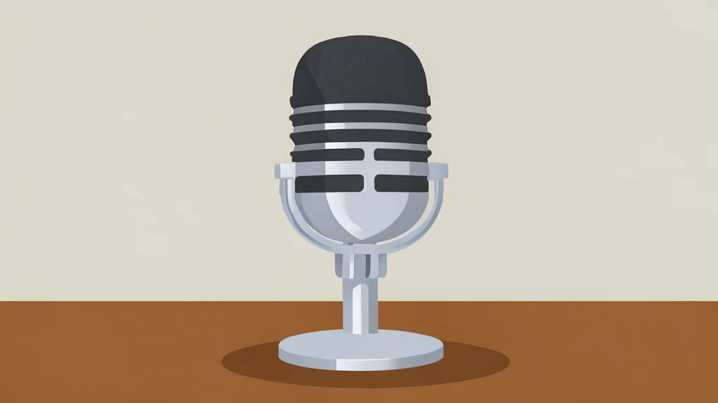 A vintage microphone with a foam windscreen resting on a wooden desk