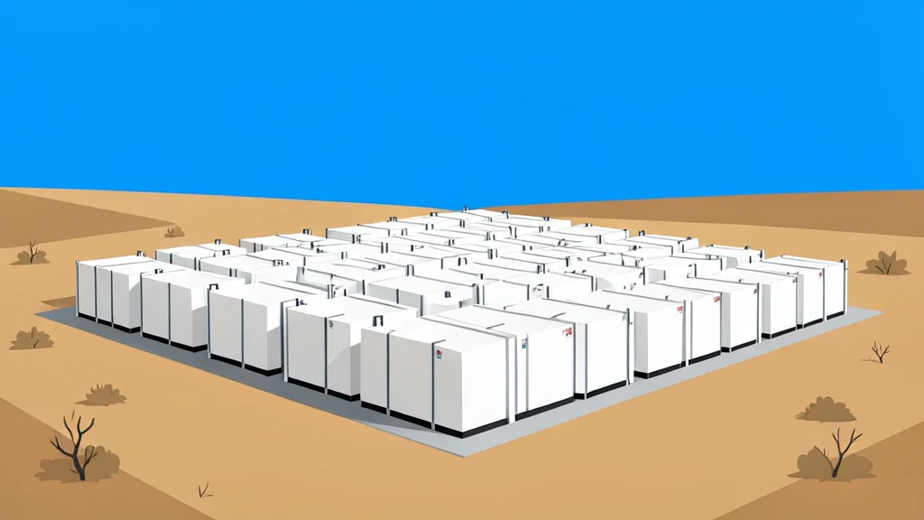 A large industrial battery storage facility with rows of white rectangular containers situated in a dry, open landscape under a clear sky.